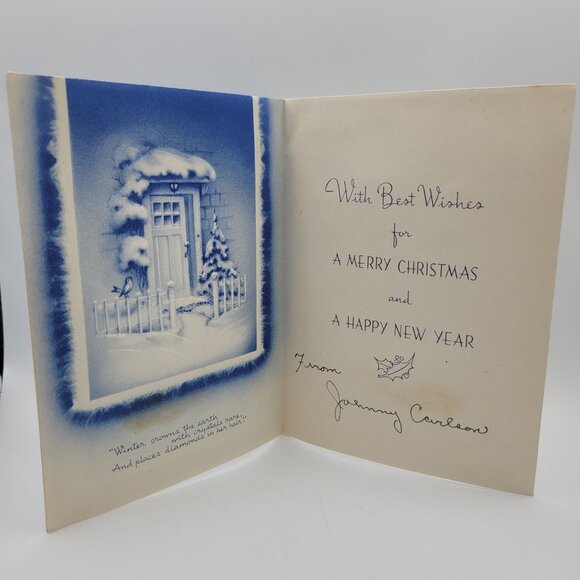 Vintage Blue & White Christmas Greeting Card With Winter Scene - Picture 2 of 6